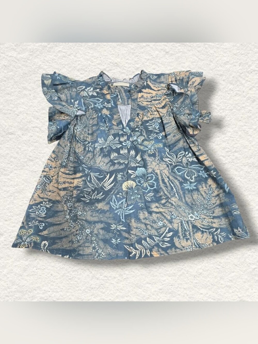 Ulla Johnson Blue and Cream Botanical Blouse with Ruffle Trim
